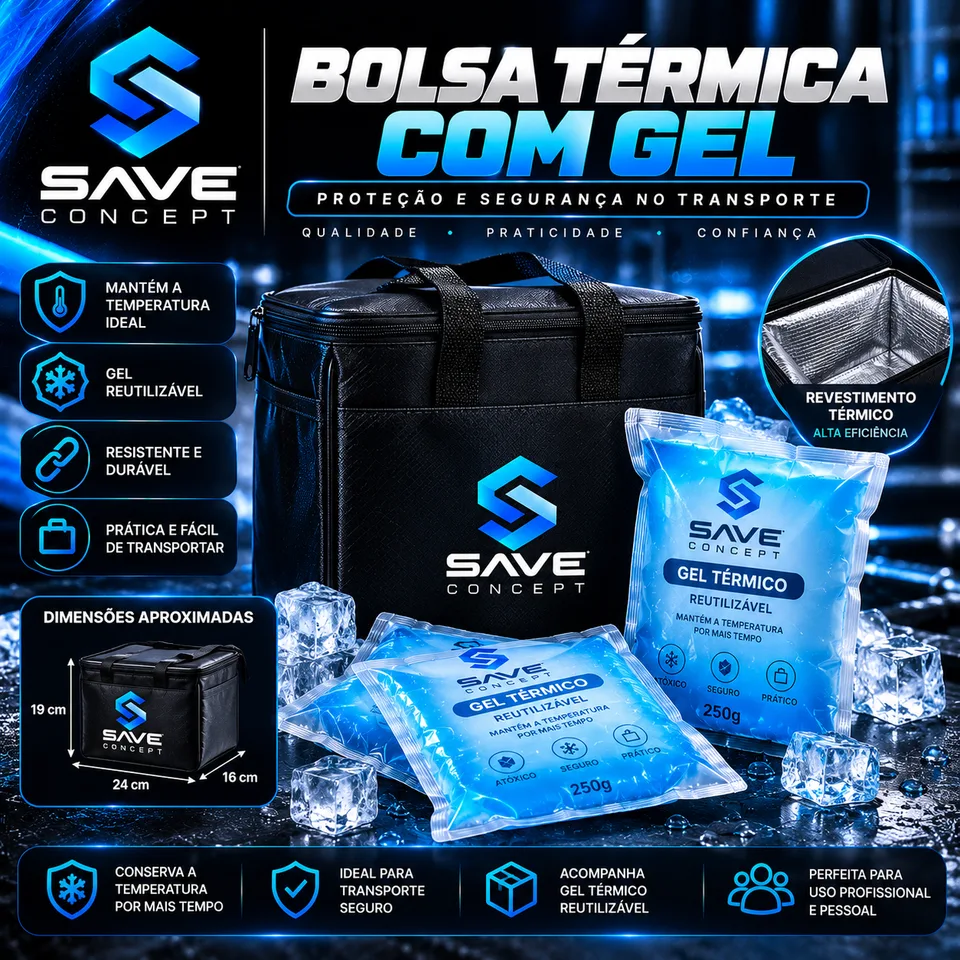 Bolsa térmica preta Save Concept com gel térmico reutilizável e gelo