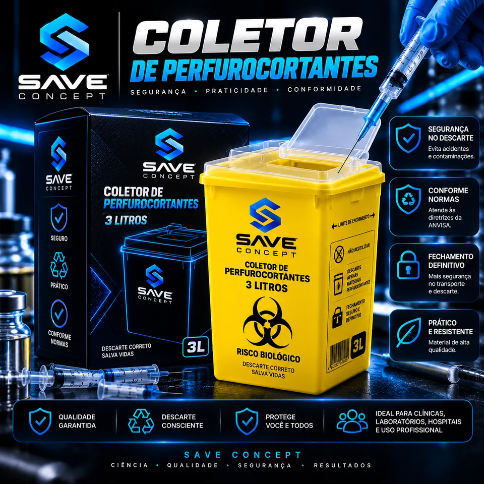 Coletor de perfurocortantes Save Concept de 3 litros, amarelo, com a caixa ao lado
